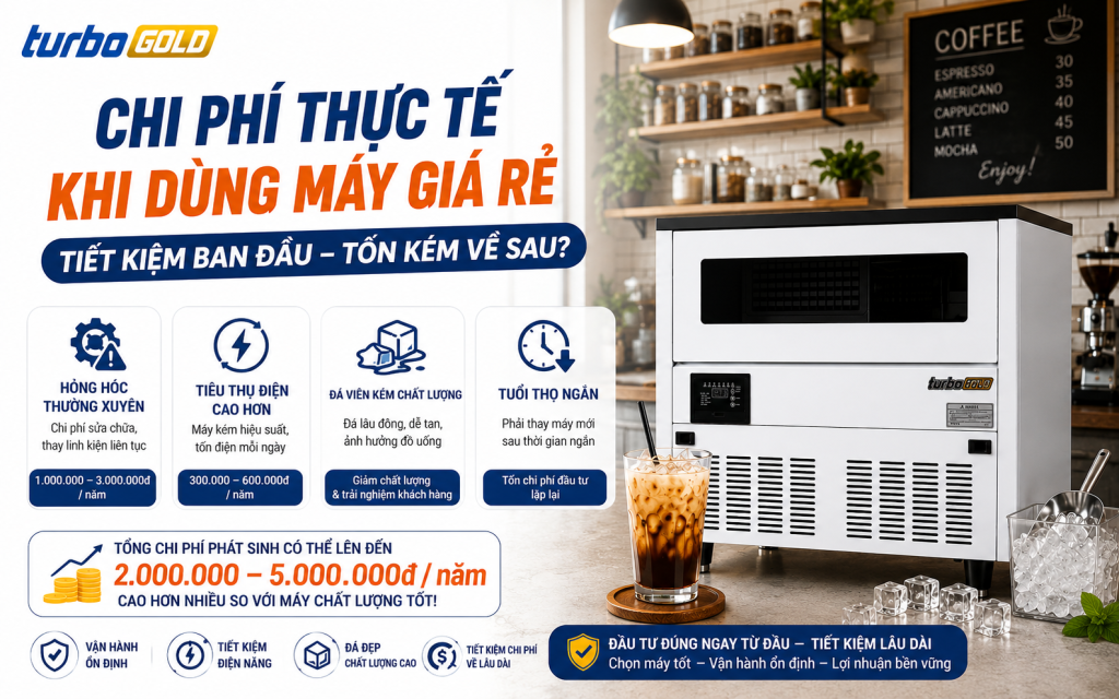 Máy làm đá viên giá rẻ cho quán cafe – 2026 Có nên mua không? 4 Chi phí thực tế khi dùng máy giá rẻ
