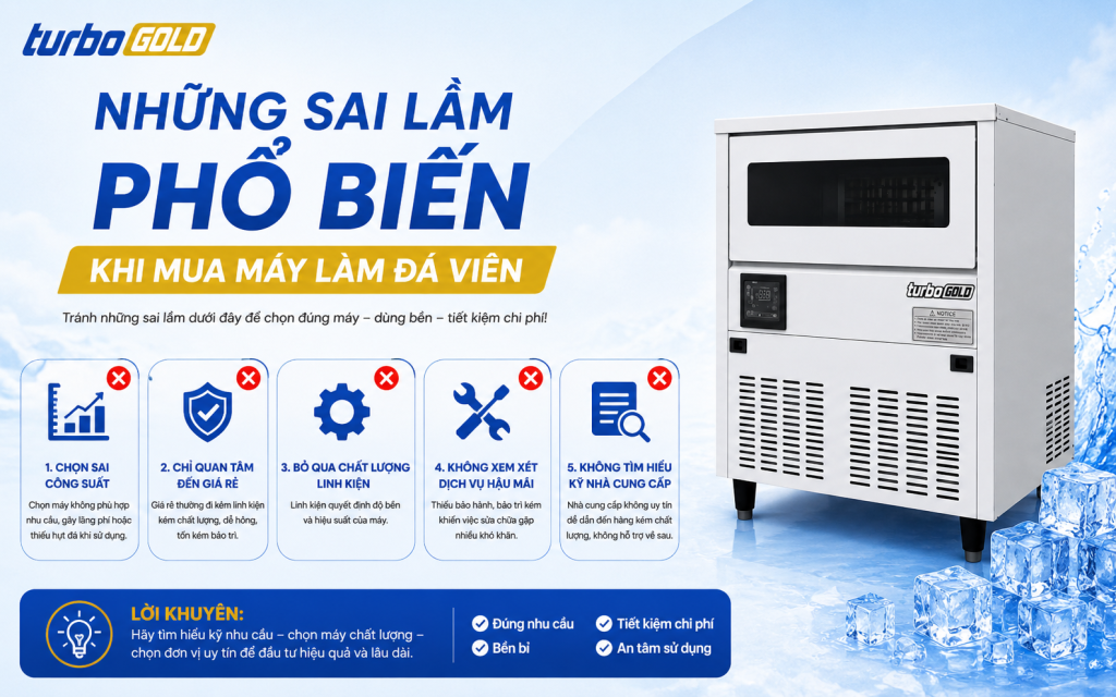 Máy làm đá viên 1 tấn giá bao nhiêu? Báo giá mới nhất 2026 4 Những sai lầm phổ biến khi mua máy làm đá viên