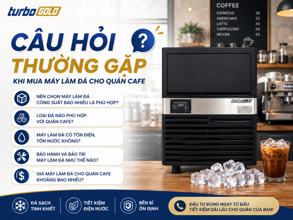 Hình ảnh tổng hợp những câu hỏi thường gặp khi mua máy làm đá cho quán cafe, giúp chủ quán lựa chọn công suất, loại đá, chi phí vận hành và chế độ bảo hành phù hợp với nhu cầu kinh doanh.
