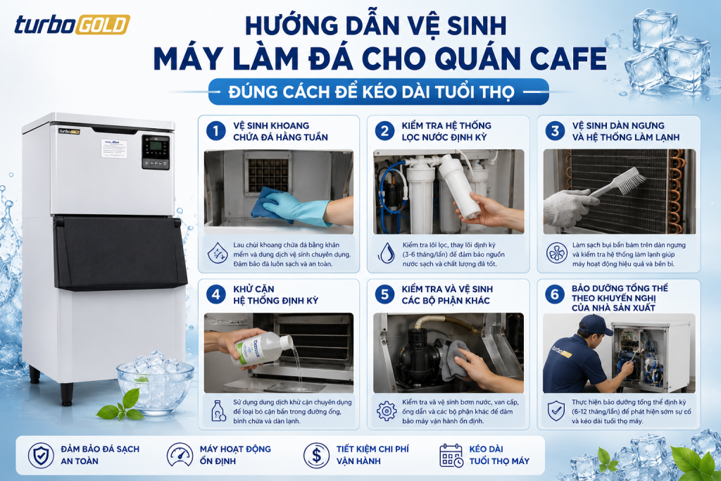 Tìm hiểu cách vệ sinh máy làm đá cho quán cafe đúng cách với các bước kiểm tra, làm sạch và bảo dưỡng định kỳ giúp máy vận hành ổn định, tạo đá sạch, tiết kiệm điện và kéo dài tuổi thọ thiết bị.