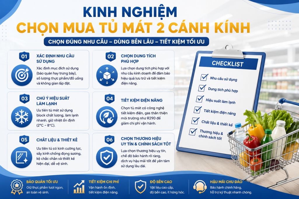 Tham khảo kinh nghiệm chọn mua tủ mát 2 cánh kính chính hãng phù hợp với nhu cầu sử dụng, từ dung tích, công nghệ làm lạnh, khả năng tiết kiệm điện đến thương hiệu và chế độ bảo hành. Những tiêu chí này sẽ giúp bạn lựa chọn sản phẩm chất lượng, bền bỉ và tối ưu chi phí đầu tư.