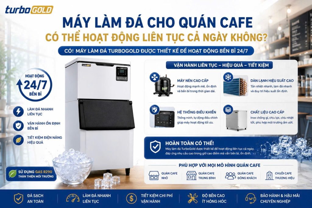 Giải đáp thắc mắc máy làm đá cho quán cafe có thể hoạt động liên tục cả ngày không. Tìm hiểu các yếu tố quyết định khả năng vận hành bền bỉ, tiết kiệm điện và đảm bảo nguồn đá ổn định cho quán cafe.