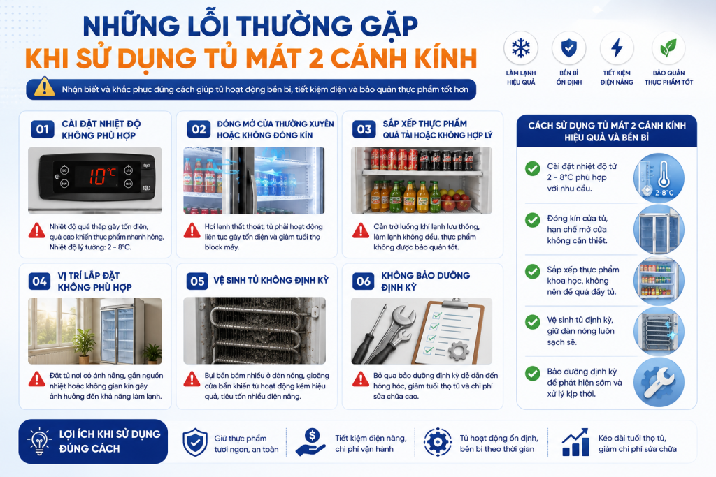 Trong quá trình sử dụng tủ mát 2 cánh kính chính hãng, nhiều người thường mắc phải các lỗi như cài đặt nhiệt độ không phù hợp, mở cửa quá thường xuyên, sắp xếp thực phẩm quá tải hoặc không vệ sinh định kỳ. Tìm hiểu những lỗi phổ biến và cách khắc phục để giúp tủ hoạt động bền bỉ, tiết kiệm điện và bảo quản thực phẩm hiệu quả.