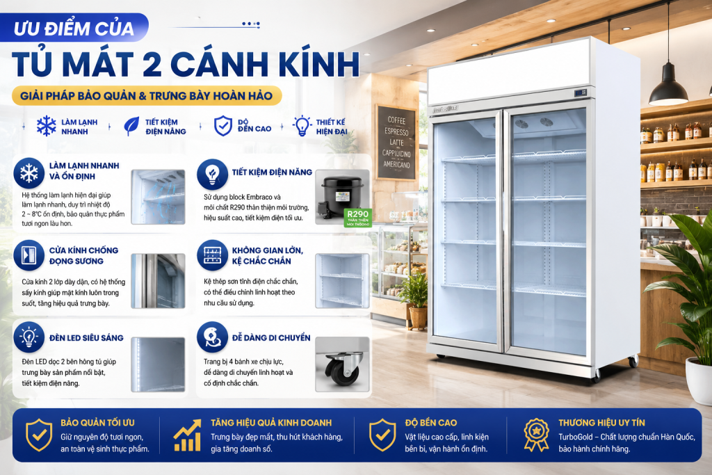 Tủ mát 2 cánh kính chính hãng sở hữu nhiều ưu điểm nổi bật như làm lạnh nhanh, tiết kiệm điện, cửa kính chống động sương và không gian trưng bày rộng rãi. Khám phá những lợi ích của tủ mát 2 cánh kính TurboGold để lựa chọn giải pháp bảo quản thực phẩm và đồ uống hiệu quả.