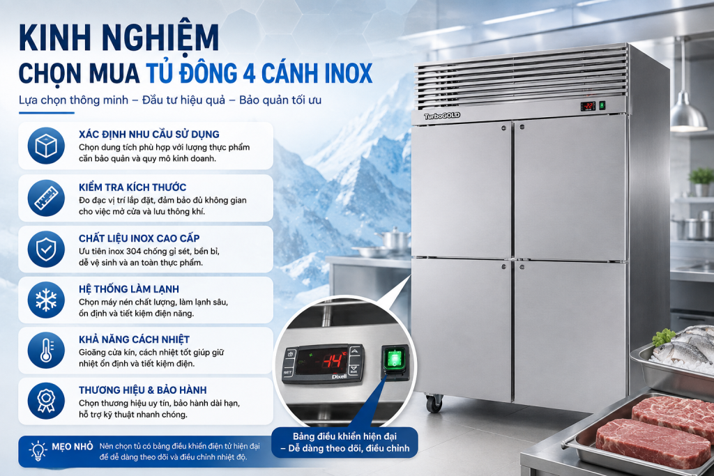 Tủ đông đứng 4 cánh - Kinh nghiệm chọn mua & Top mẫu đáng tham khảo 3 Kinh nghiệm chọn mua tủ đông 4 cánh inox giúp lựa chọn thiết bị phù hợp về dung tích, kích thước, chất liệu inox, hệ thống làm lạnh, khả năng cách nhiệt và chế độ bảo hành.