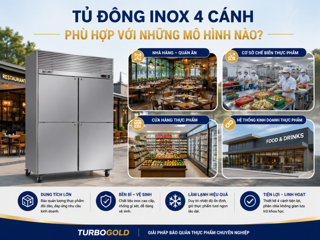 Tủ Đông Inox 4 Cánh TurboGold – Bền, Rộng, Chuyên Nghiệp 3 Tủ đông inox 4 cánh TurboGold phù hợp cho nhà hàng, quán ăn, cơ sở chế biến và cửa hàng kinh doanh thực phẩm.