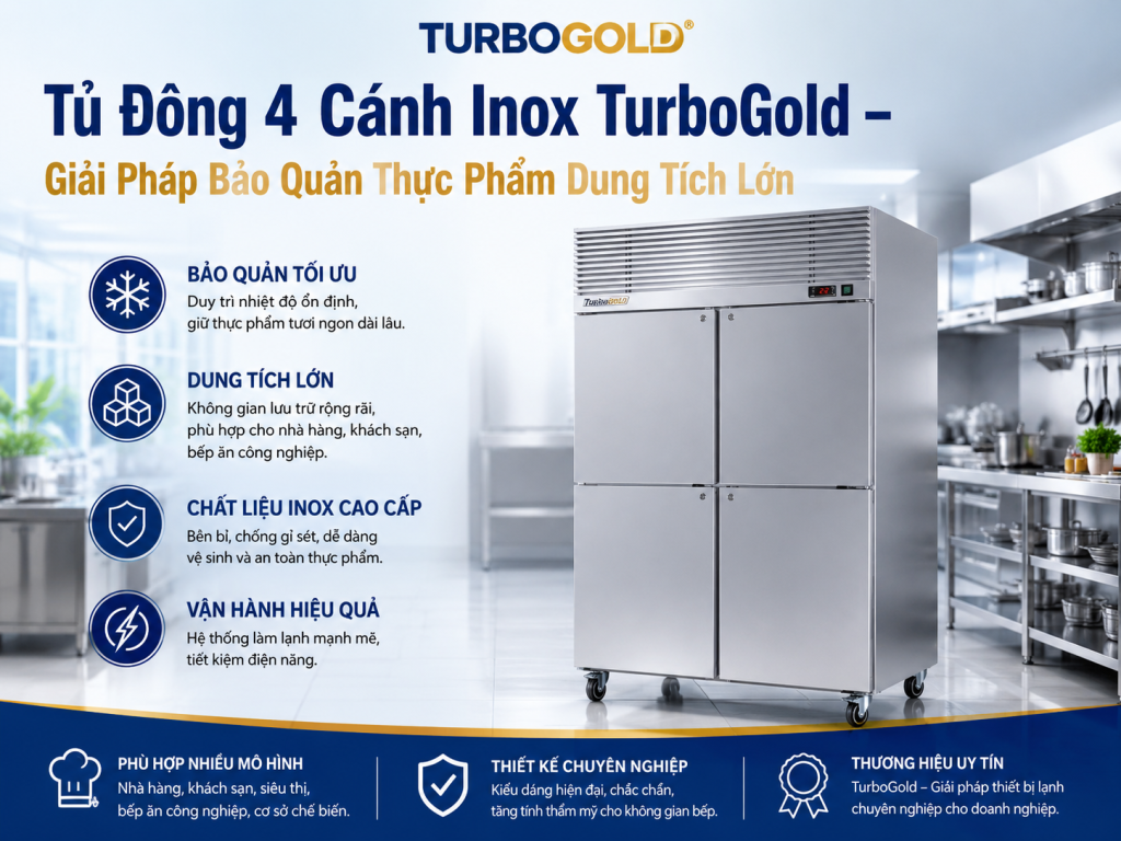 Tủ Đông Inox 4 Cánh TurboGold – Bền, Rộng, Chuyên Nghiệp 1 Tủ đông inox 4 cánh Turbogold - Giải pháp bảo quản thực phẩm dung tích lớn cho nhà hàng, khách sạn và bếp công nghiệp