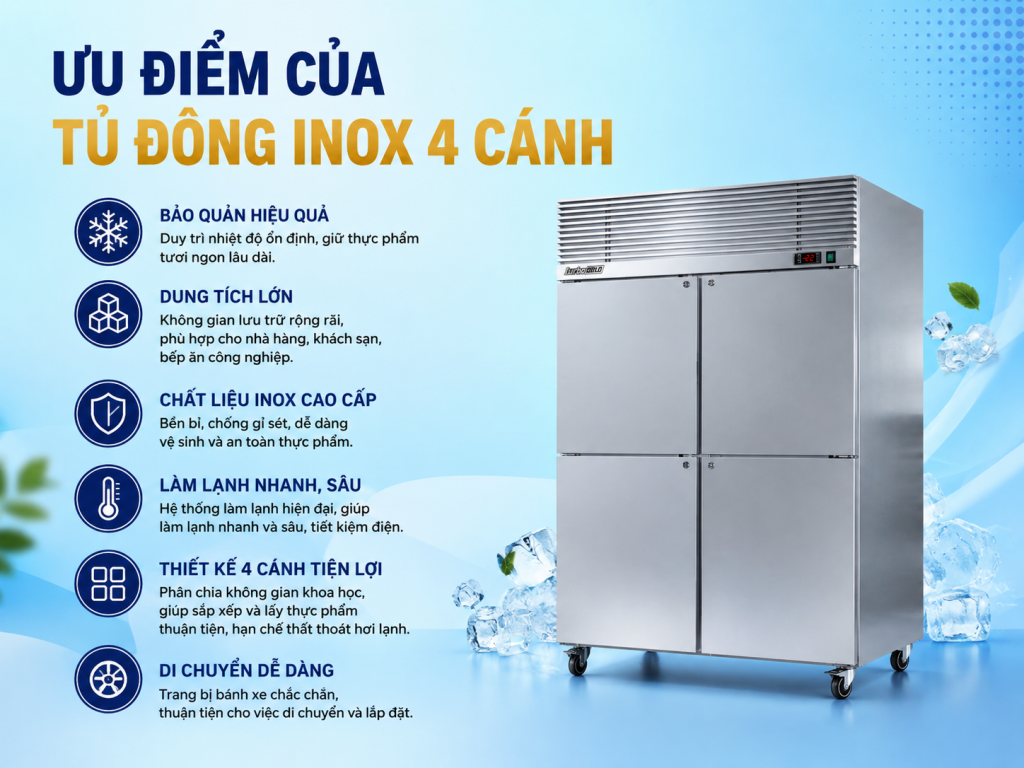 Tủ Đông Inox 4 Cánh TurboGold – Bền, Rộng, Chuyên Nghiệp 2 Ưu điểm của tủ đông inox 4 cánh TurboGold với thiết kế 4 cánh, không gian bảo quản lớn và chất liệu inox bên đẹp.