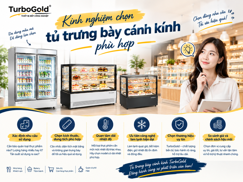Tủ trưng bày cánh kính TurboGold chính hãng, giá tốt 2026 3 Kinh nghiệm chọn tủ trưng bày cánh kính TurboGold phù hợp nhu cầu sử dụng.