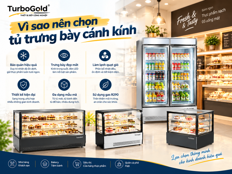 Tủ trưng bày cánh kính TurboGold chính hãng, giá tốt 2026 2 Tủ trưng bành cánh kính TurboGold hiện đại, làm lạnh quạt gió và trưng bày bánh, thực phẩm.
