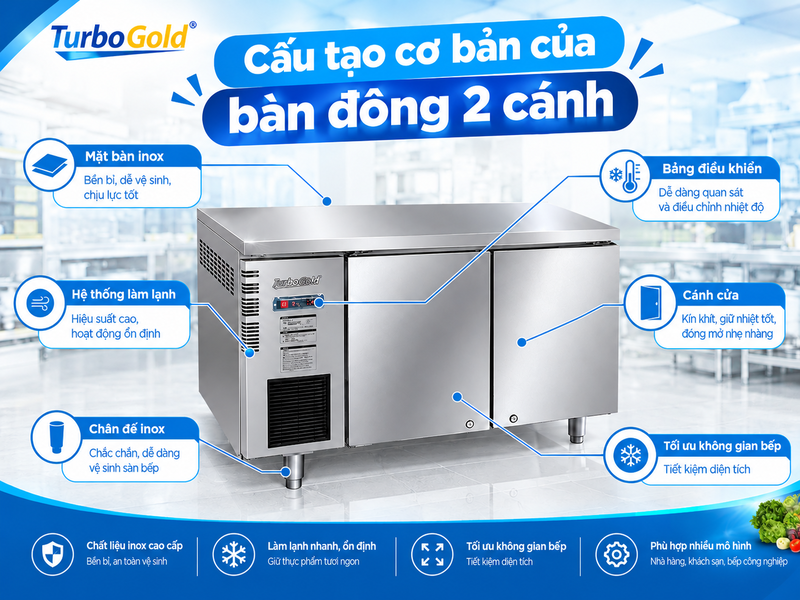 Bàn Đông 2 Cánh Inox - Kinh Nghiệm Chọn Mua & Sử Dụng 3 Cấu tạo cơ bản của bàn đông 2 cánh TurboGold bằng inox cho bếp công nghiệp
