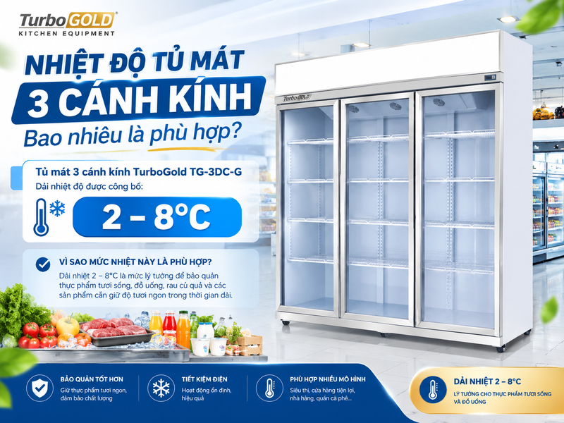 Tủ Mát 3 Cánh Kính: Kinh Nghiệm Chọn Và Sử Dụng Hiệu Quả 3 Nhiệt độ tủ mát 3 cánh kính TurboGold TG-3DC-G từ 2–8°C.