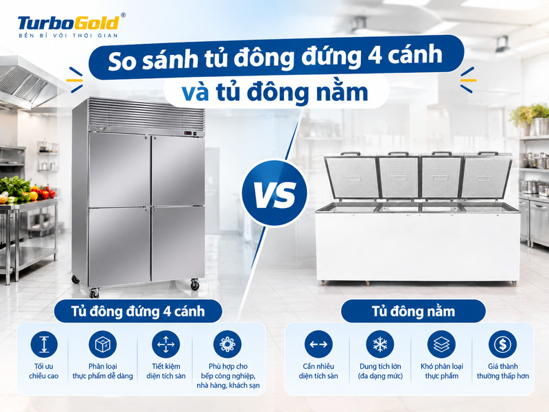 Tủ đông đứng 4 cánh - Kinh nghiệm chọn mua & Top mẫu đáng tham khảo 4 So sánh tủ đông đứng 4 cánh và tủ đông nằm.