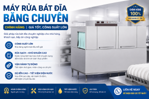 Máy rửa bát đĩa băng chuyền công nghiệp chính hãng công suất lớn, giải pháp tối ưu cho nhà hàng, khách sạn và bếp ăn công nghiệp.