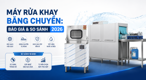 Máy rửa khay băng chuyền công nghiệp Turbogold công suất lớn, giải pháp rửa khay tự động cho nhà hàng, khách sạn, bếp ăn công nghiệp năm 2026.