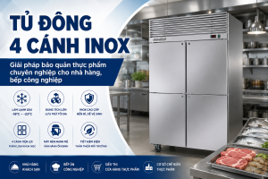Tủ đông 4 cánh inox công nghiệp với thiết kế chắc chắn, dung tích lớn, làm lạnh sâu, phù hợp bảo quản thực phẩm cho nhà hàng, khách sạn và bếp công nghiệp.