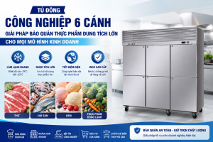 Tủ đông công nghiệp 6 cánh dung tích lớn, làm lạnh sâu từ -18°C đến -22°C, thiết kế inox cao cấp, tiết kiệm điện, phù hợp nhà hàng, khách sạn và bếp ăn công nghiệp.